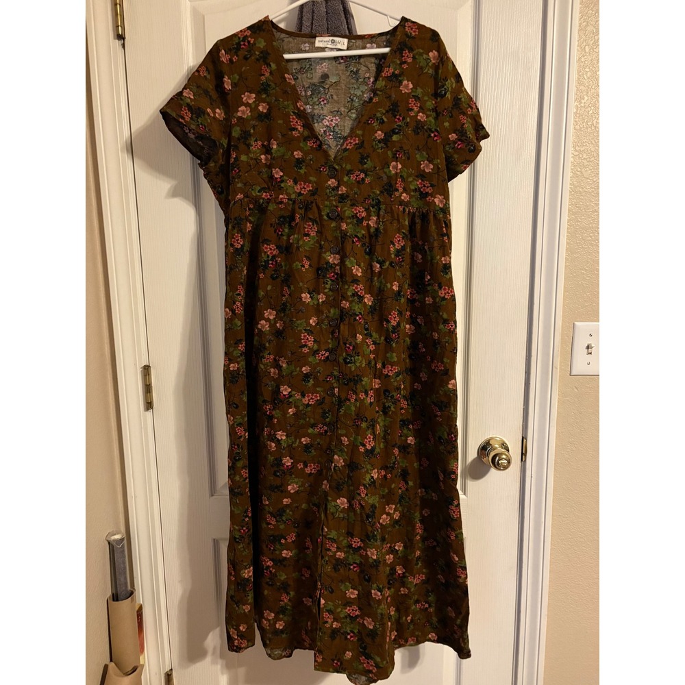 NWOT Natural Life Corduroy Dress Womens L Brown Floral Button Front Midi